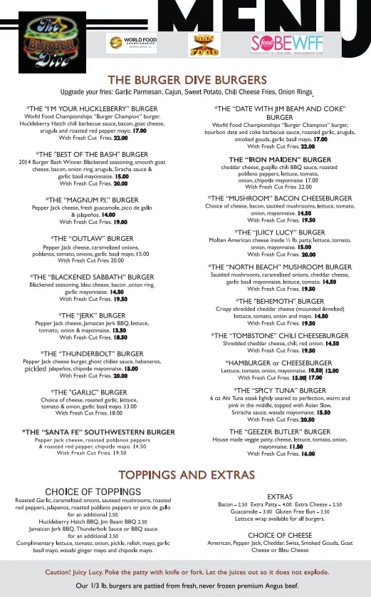 Menu for The Burger Dive featuring burger names, descriptions, and prices for specialty burgers with various toppings and add-ons