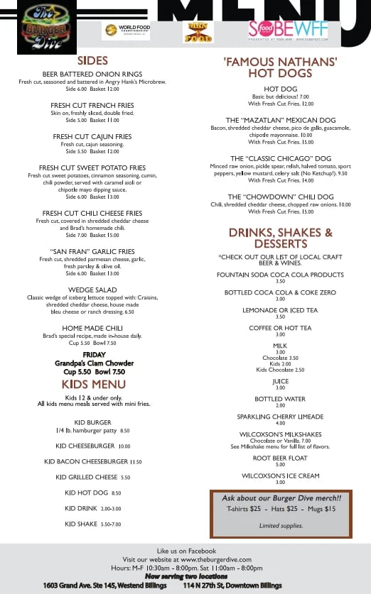 Menu for The Burger Drive restaurant showing sides, hot dogs, kids menu, and drinks with prices and descriptions